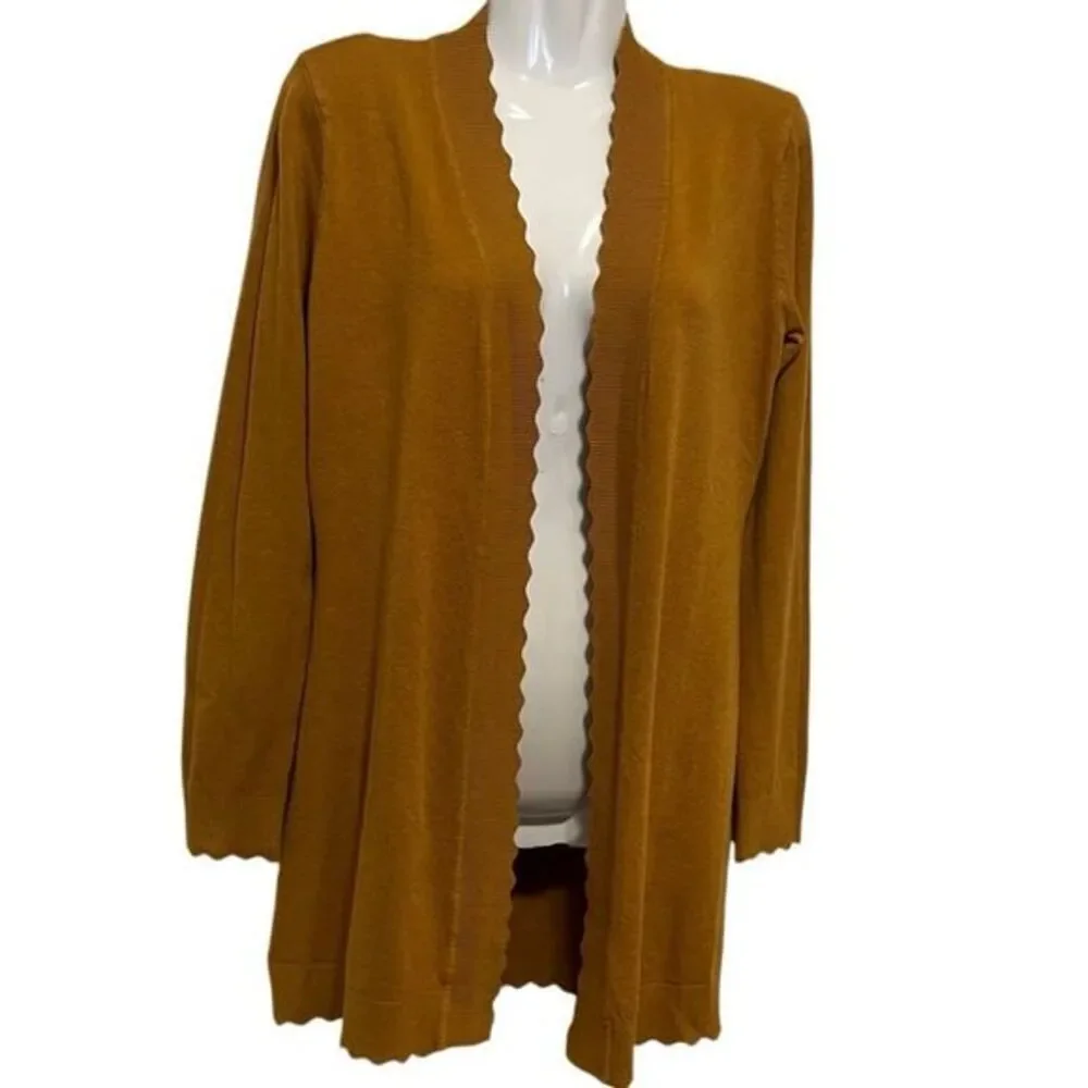Evolution women's cardigan Size XSP‎ golden mustard holiday scalloped trim NWT